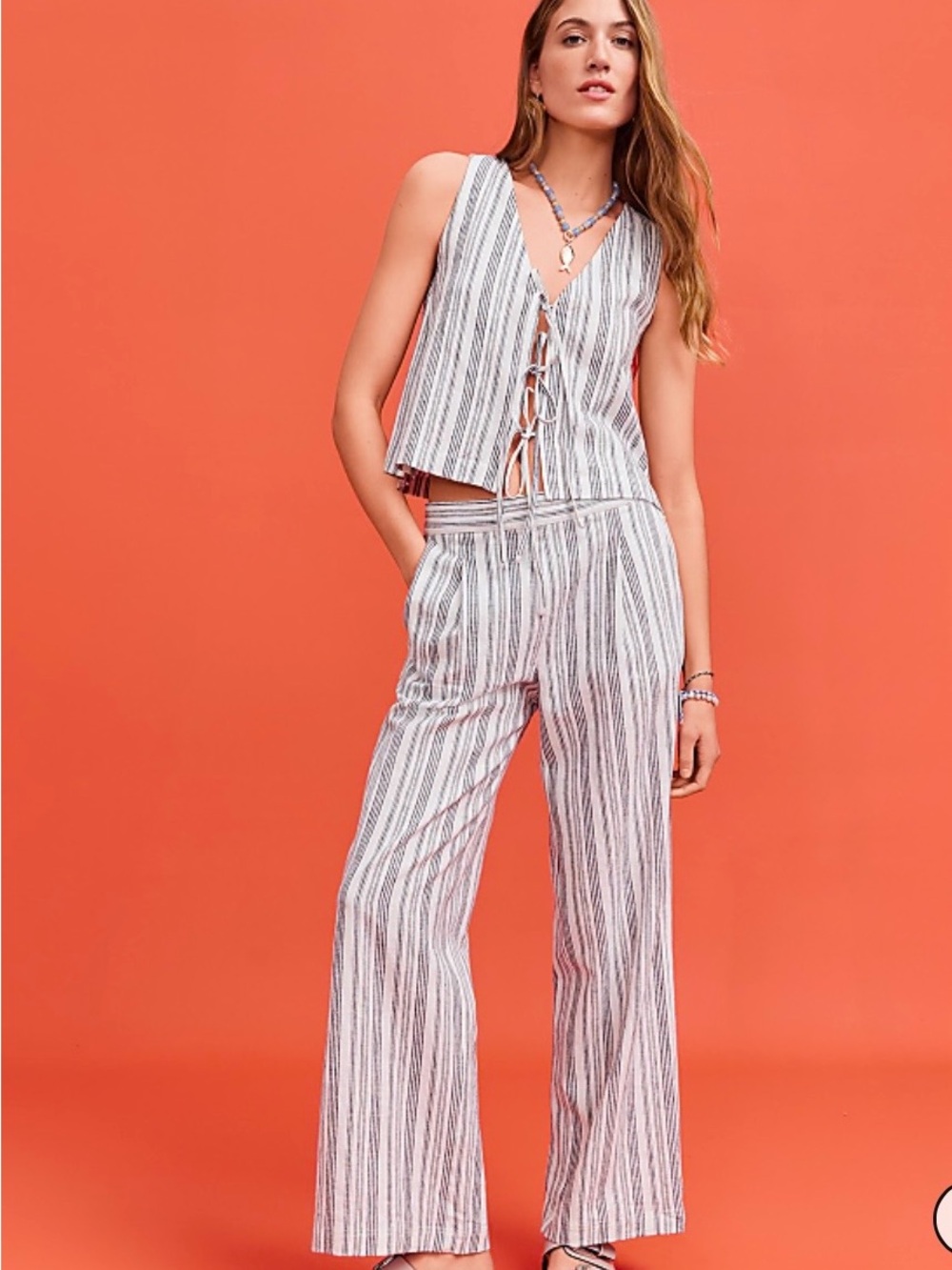 **NEW** LOFT Lou & Grey Striped Linen Wide Leg Crop Pant Size Large